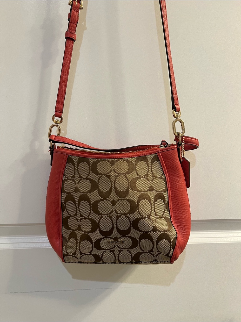 Coach Brown Signature Canvas Crossbody with Red Leather Trim